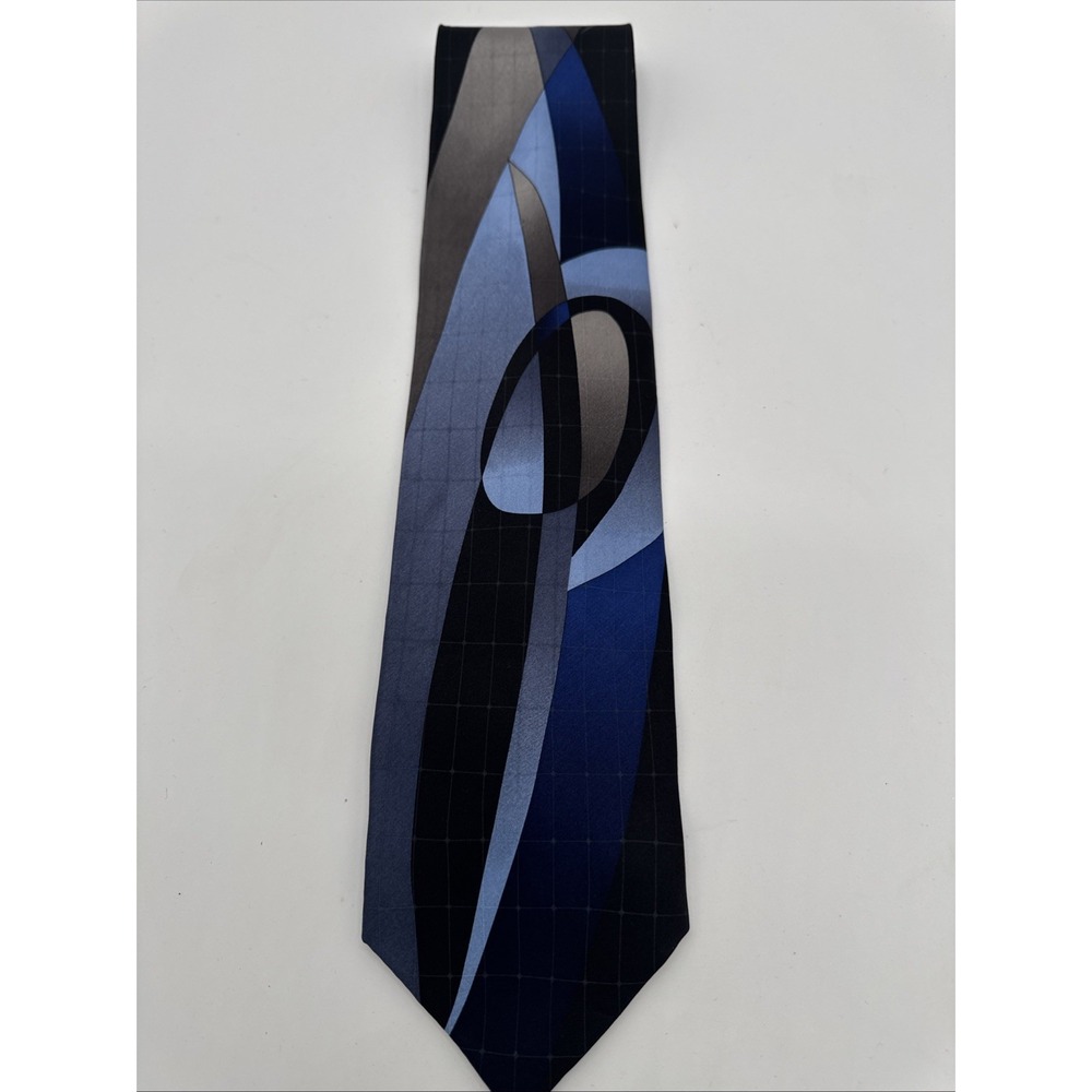GIORGIO BRUTINI Silk Tie Blue Black Art Deco Geometric Mens Necktie 57" X 4"